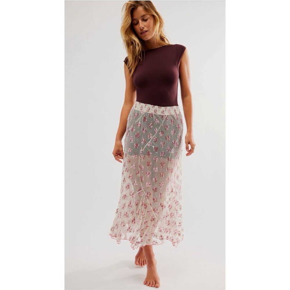 Free People Talk That Talk Floral Embroidered Sheer Maxi Skirt Pink White Medium